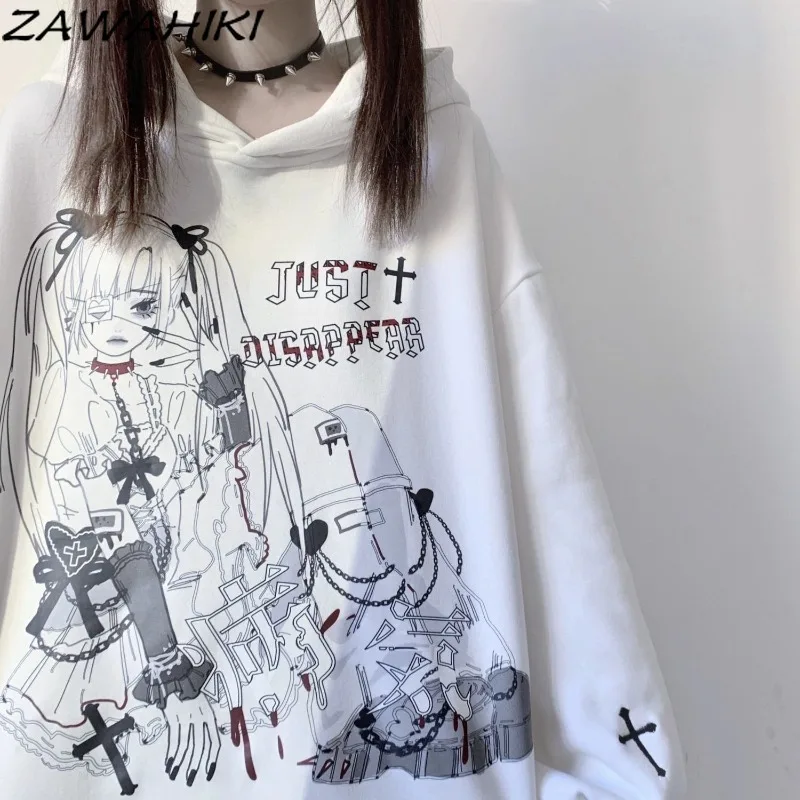 Japanese Hoodies Women Kawaii Cartoon Print Embroidery Pullovers Solid Color Loose Top Female Preppy Harajuku Fashion Ropa Mujer