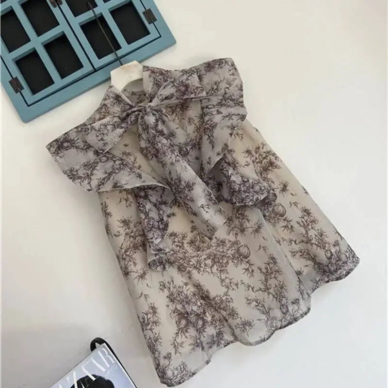 

BabYoung 2025 Summer New Shirt Stand Collar Lace Up Bowknot Print Flying Sleeve Mujer Blusa Japanese Temperament Sweet Blouse