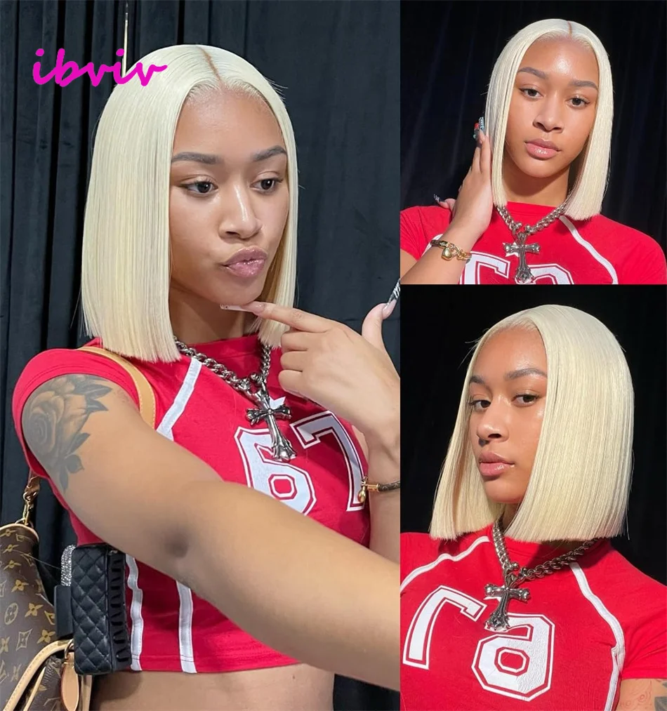 ショートカット613ブロンドボブウィッグ人毛13x4HDレースフロントボーンストレートボブウィッグ100%人毛210%密度プレプラッキング済み