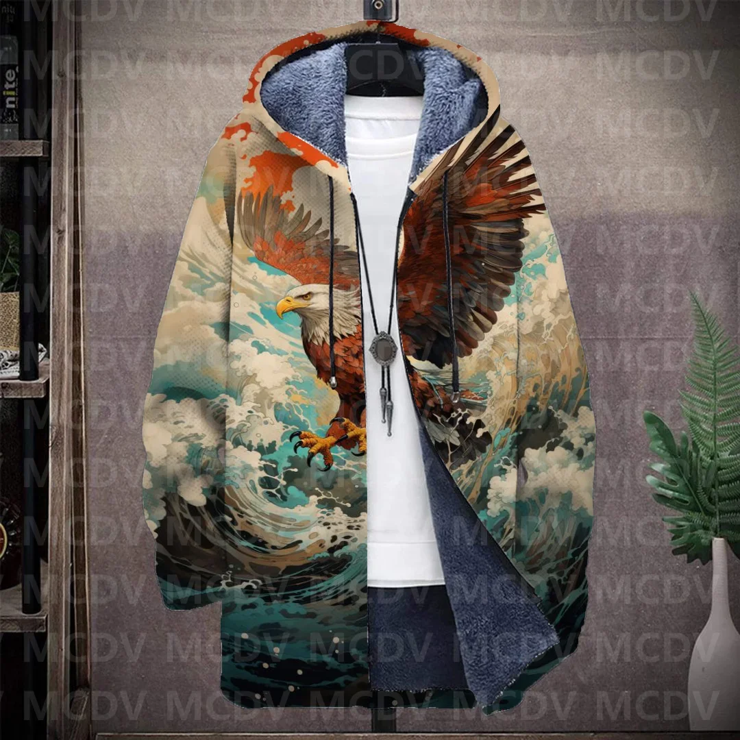 

Men's Retro Print Plush Thick Long-Sleeved Coat Cardigan Eagle 3D Prined Fleece Hooded Overcoat Unisex Thick Warm Jacket