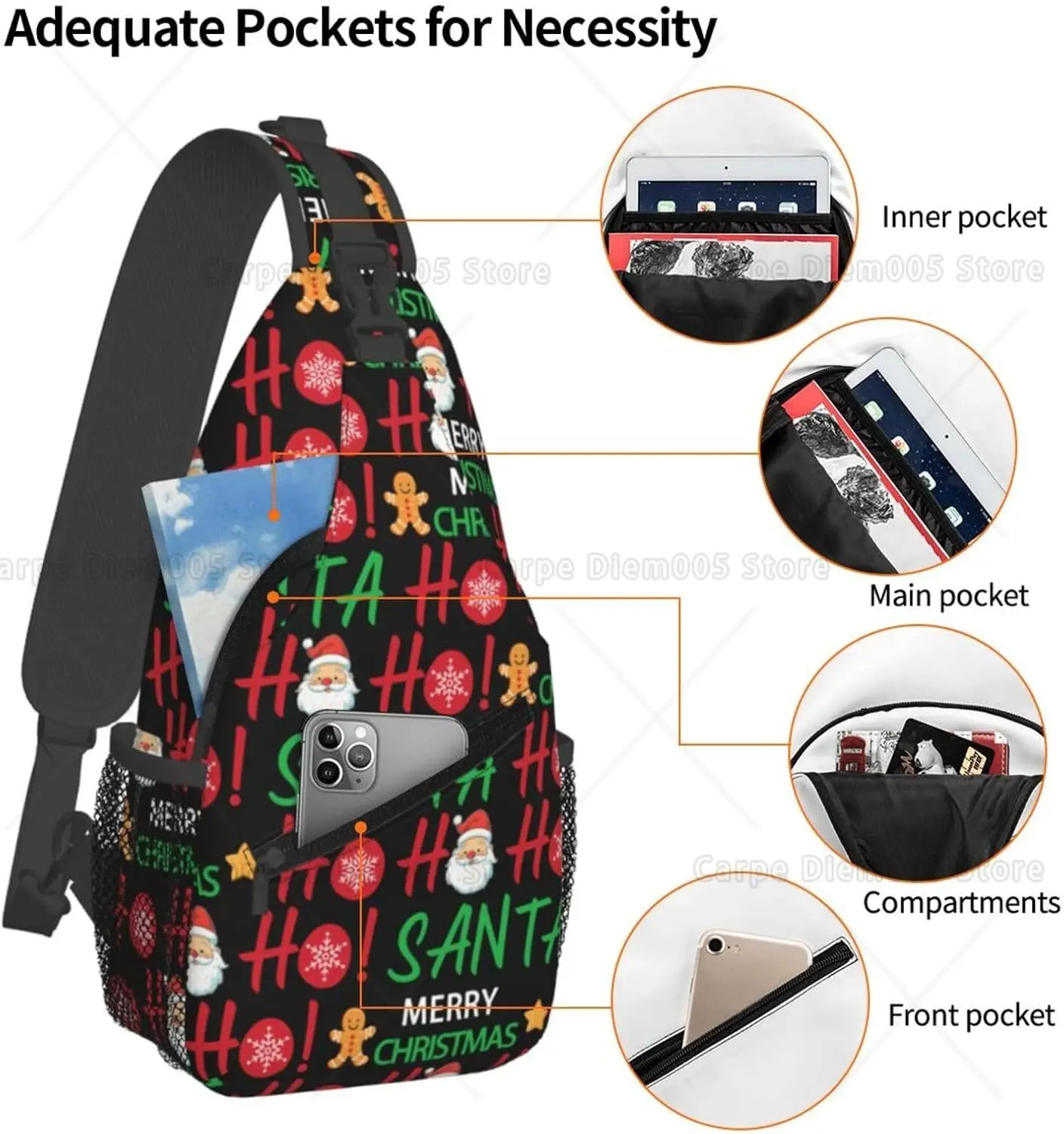 Cartoon Pattern Hoho Snata Claus Sling Bag Christmas Crossbody Bags Sling Xmas Backpack Chest Bag Casual Daypack Travel Hiking