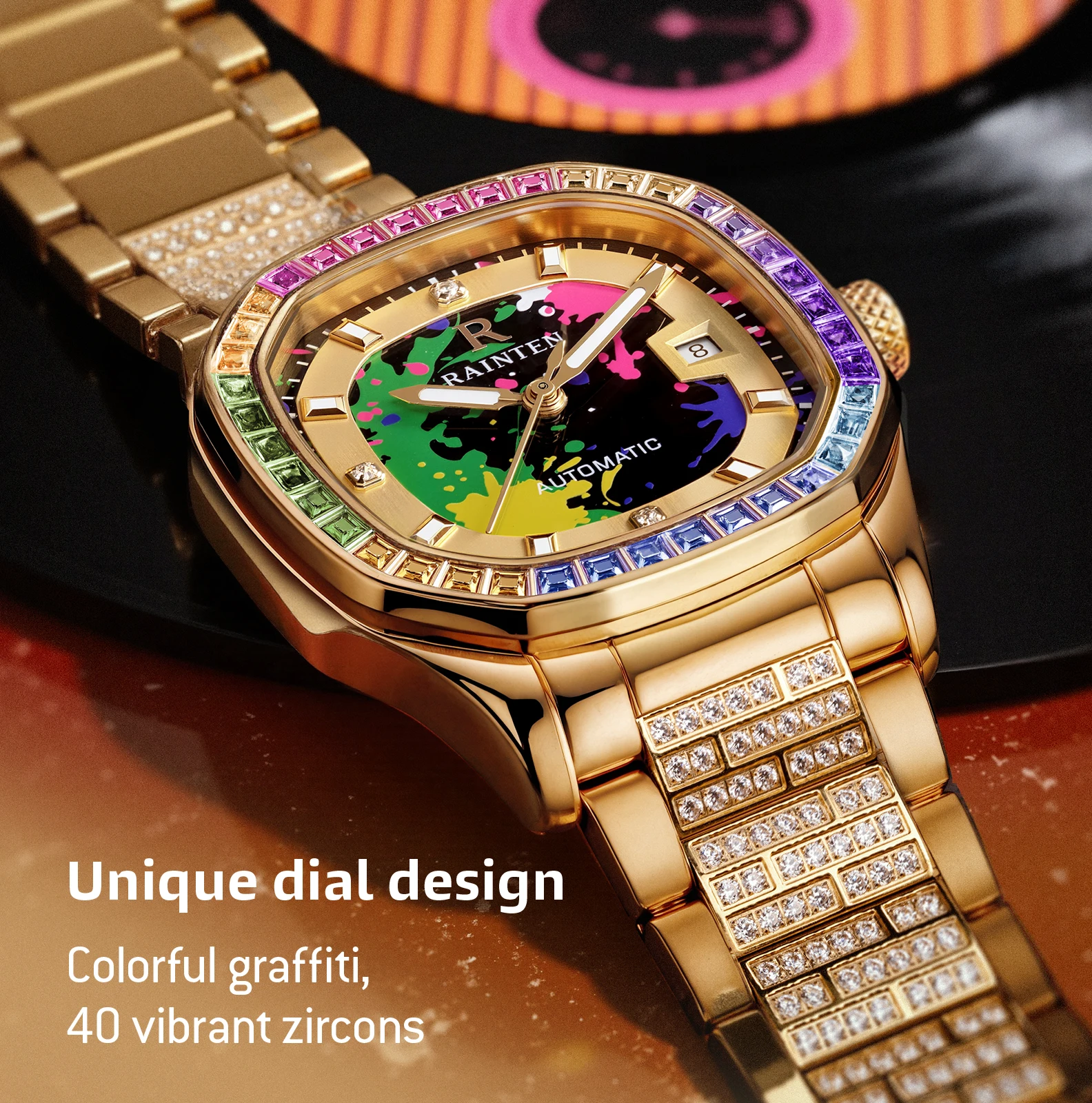 

RAINTEN Colorful Graffiti Dial Mechanical Men Watches Waterproof Fashion Diamond Bracelet Rainbow Bezel Miyota 8215 18K Gold R Logo Sapphire 3H Date Window Fashion Bold 5Bar Waterproof R9011A