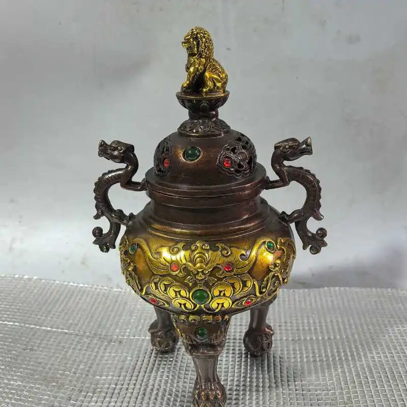 Gilt incense with gemstone inlay and dragon ear design, craft ornament, aromatherapy burner, copper sandalwood dis