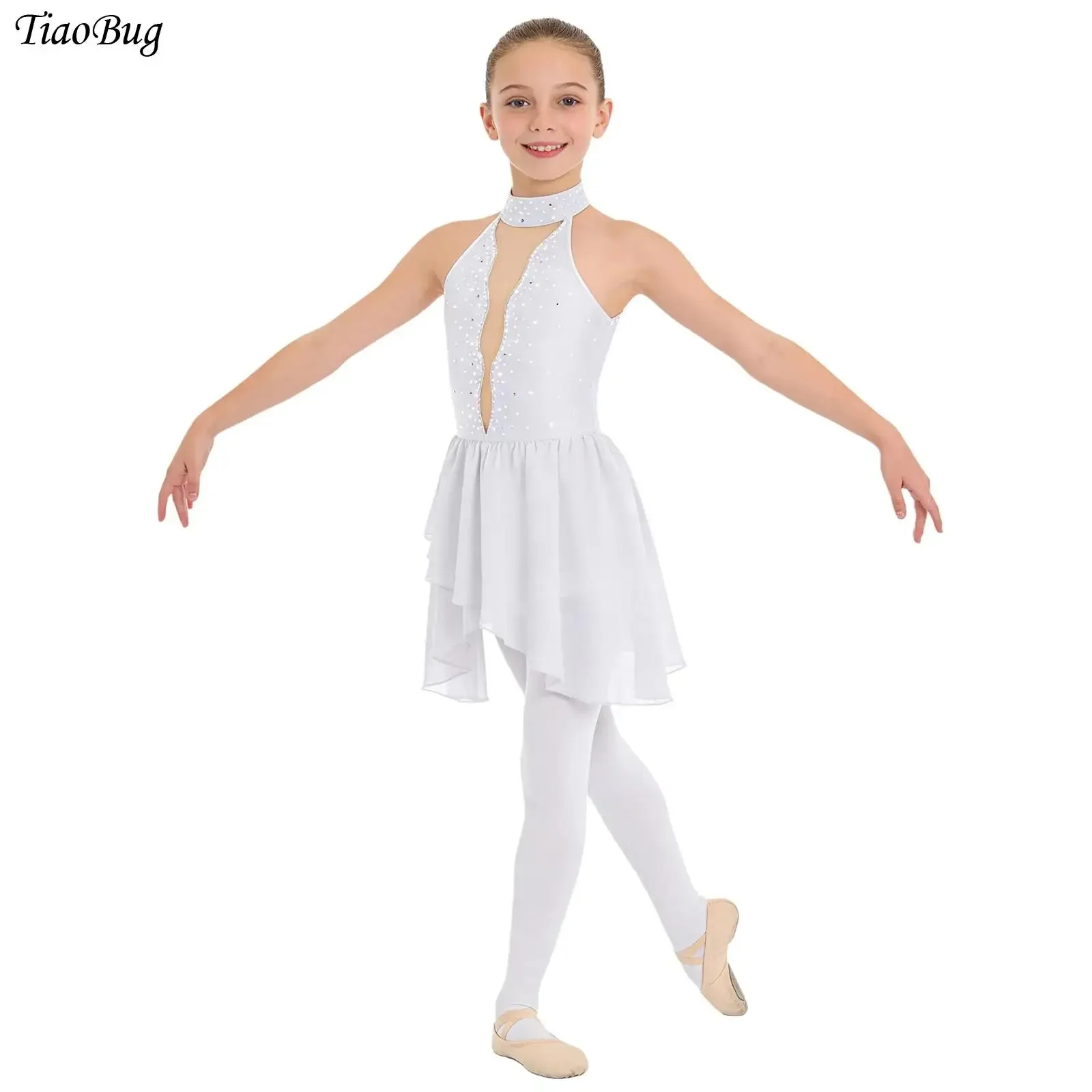 

Kids Girls Lyrical Dance Dress Sleeveless Sheer Mesh Rhinestone Hollow Back Ballet Tutu Gymnastics Dress Figure Skating Costume