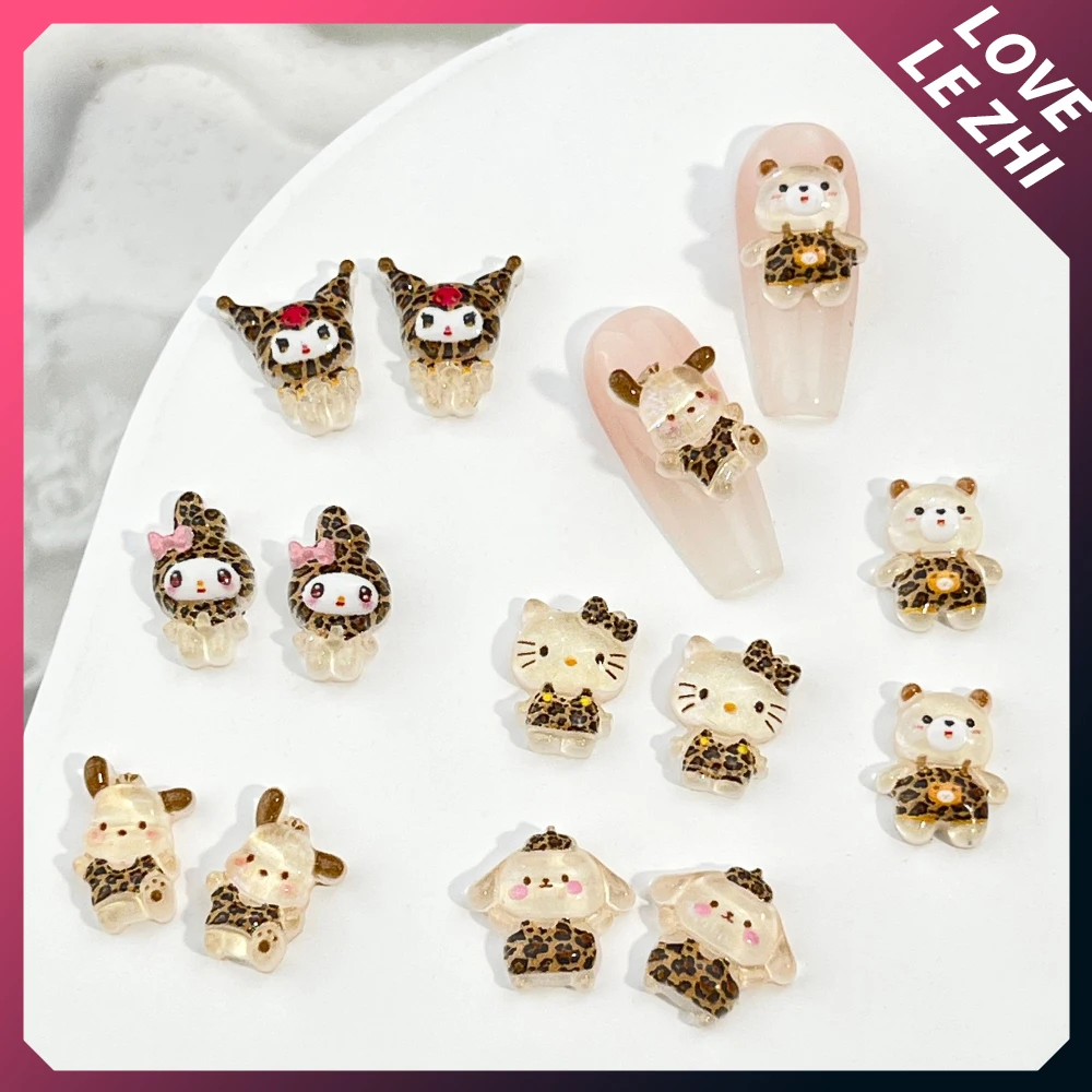 20Pcs Kawaii Leopard Print Sanrio Hello Kitty Kuromi Mymelody Cartoon Nail Accessories Diy Mini Resin Nail Art Decoreation