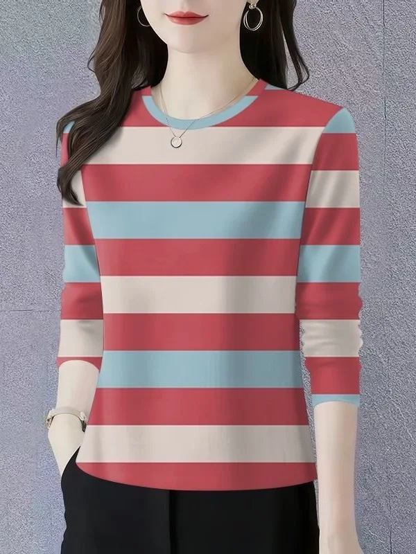 

Retro Korean Loose Fit Long Sleeve round Neck Striped T-Shirt Women's Casual Base Layer Shirt Mom's Style Top Slimming Effect