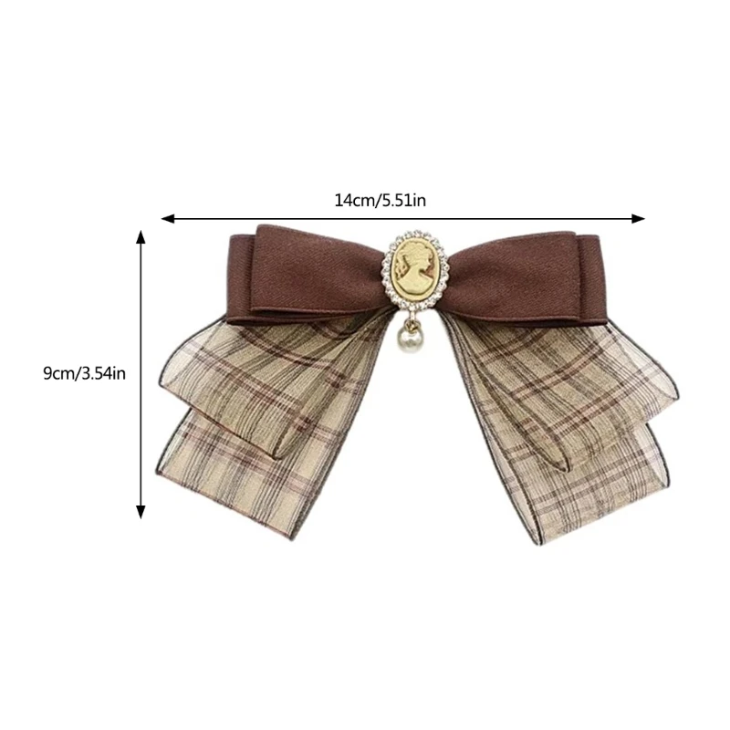 Broche pajarita cinta a cuadros marrón Vintage para mujer, Pin, uniforme estudiante, camisa, cuello Jabot, corbata