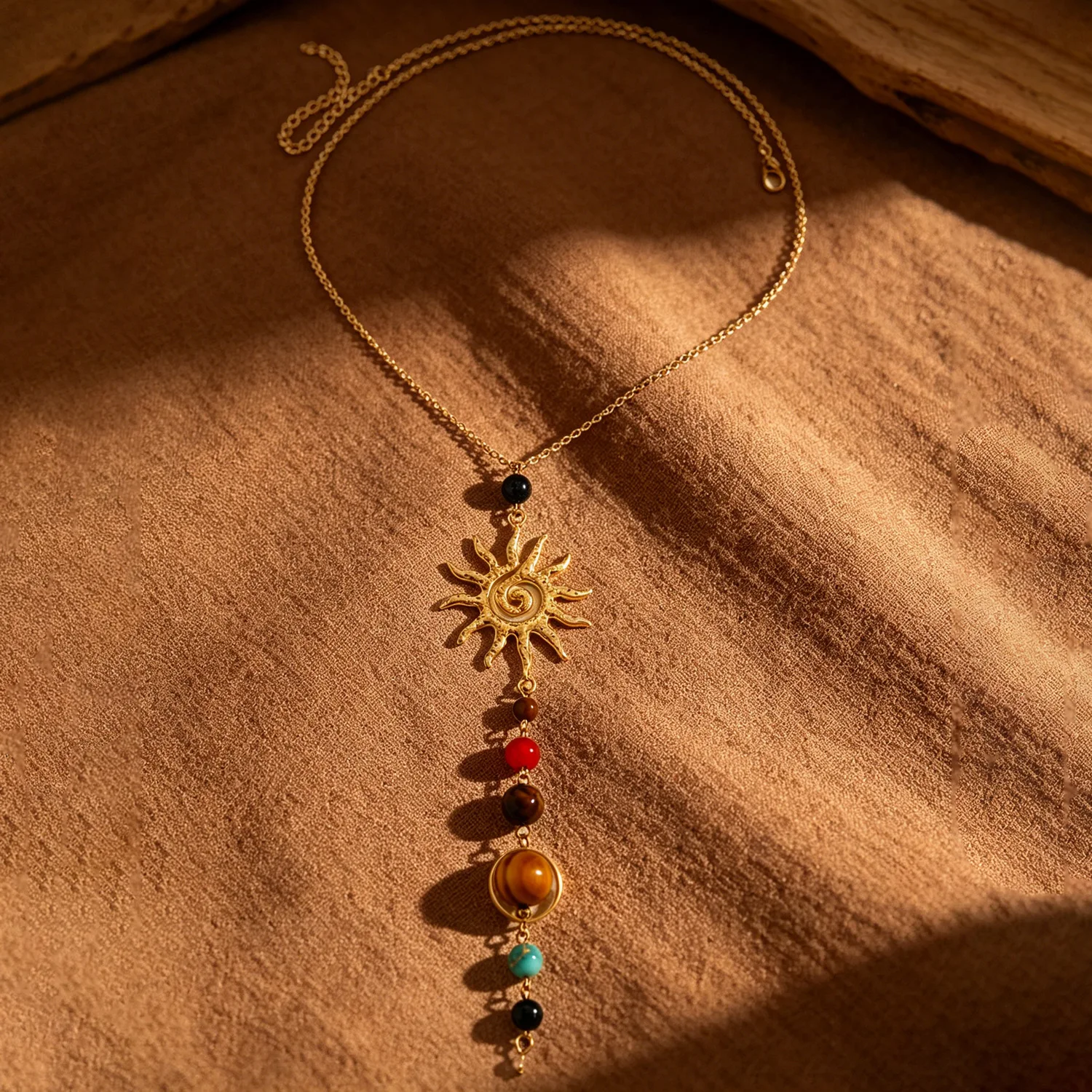 Boho Vortex Sun Pendant Tassel Long Necklace for Women Vintage Multicolor Beads Tassel Bohemian Ethnic Daily Party Neck Jewelry