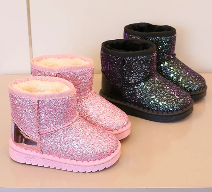 

Children Casual Shoes Girls Cotton Plush Snow Boots Sequin Warm Kids Martin Boots Winter Non-slip Flat Cotton Shoes Sneakers