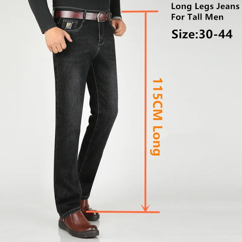 Thick Lengthen Extra Longer Tall Men Jeans 115CM Straight Plus Size Stretched Denim High Waisted Black Slim Fit Trousers Pants