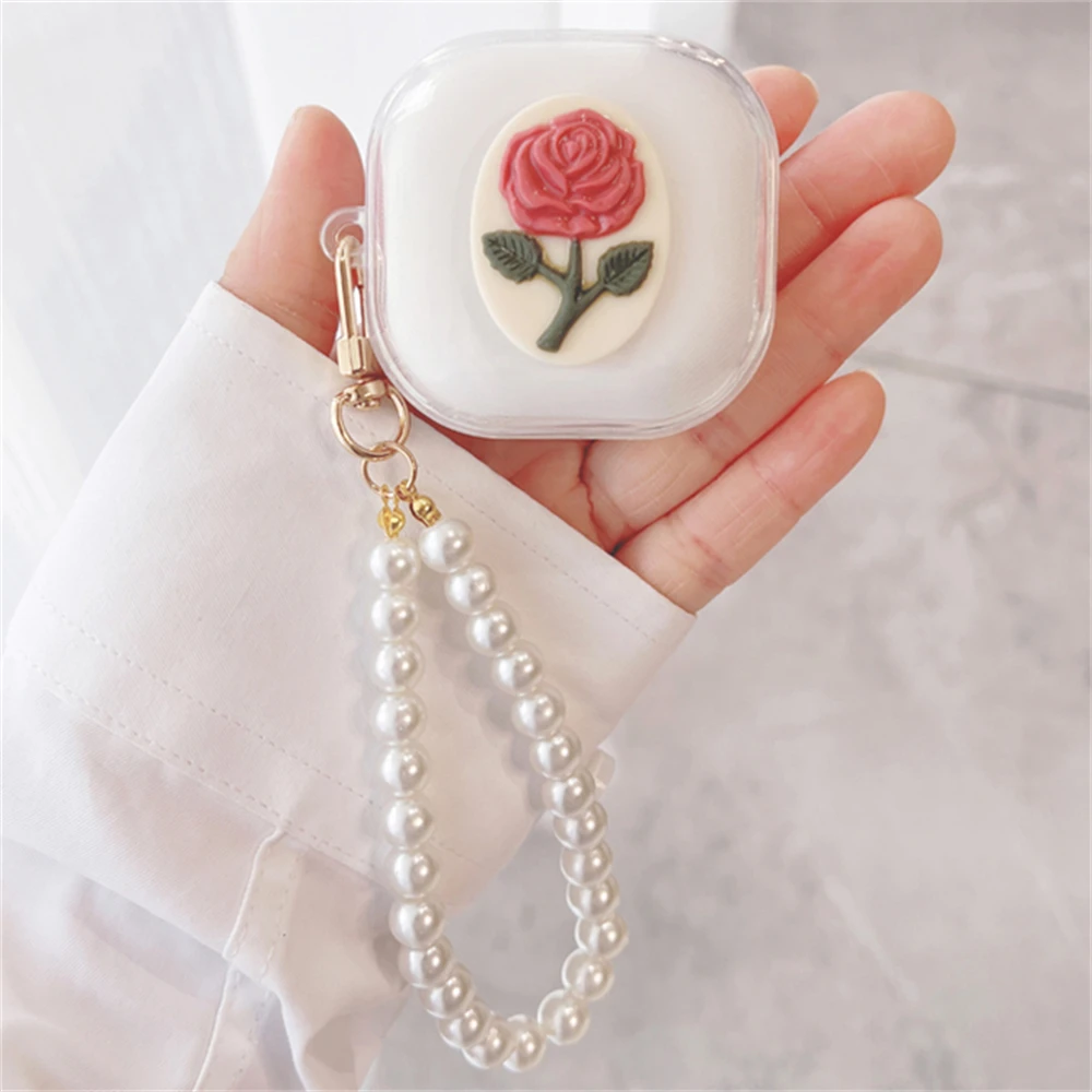 Kawaii Cute Rose Clear Earbuds Headphones Soft Case For Samsung Galaxy Buds Live With Beads Pendant Case For Samsung Buds 2 Pro