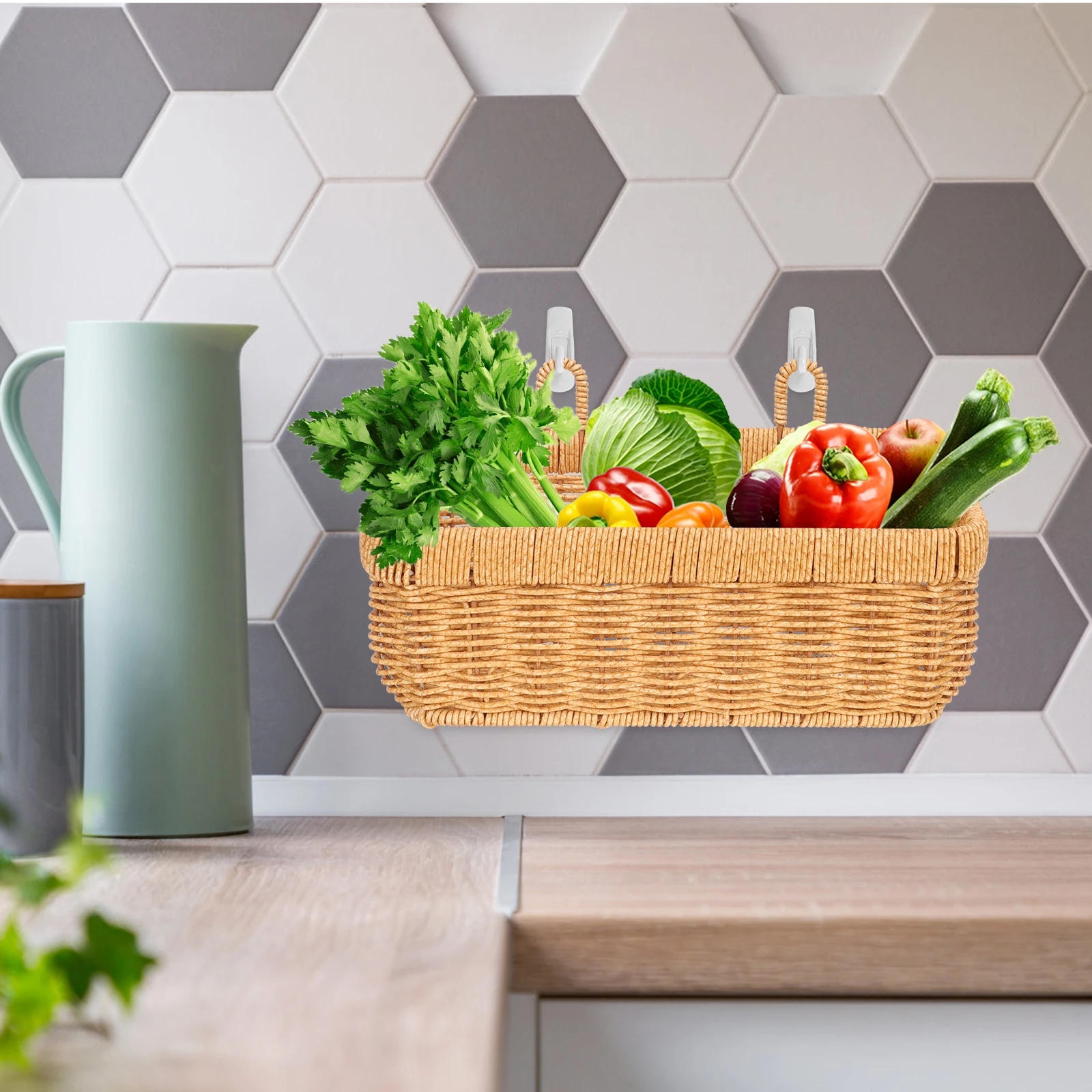 

Ginger Garlic Storage Basket Large Brown Woven Wall Hanging Kitchen Fruit Vegetable Bread Organizer Imitation Rattan Basket Home