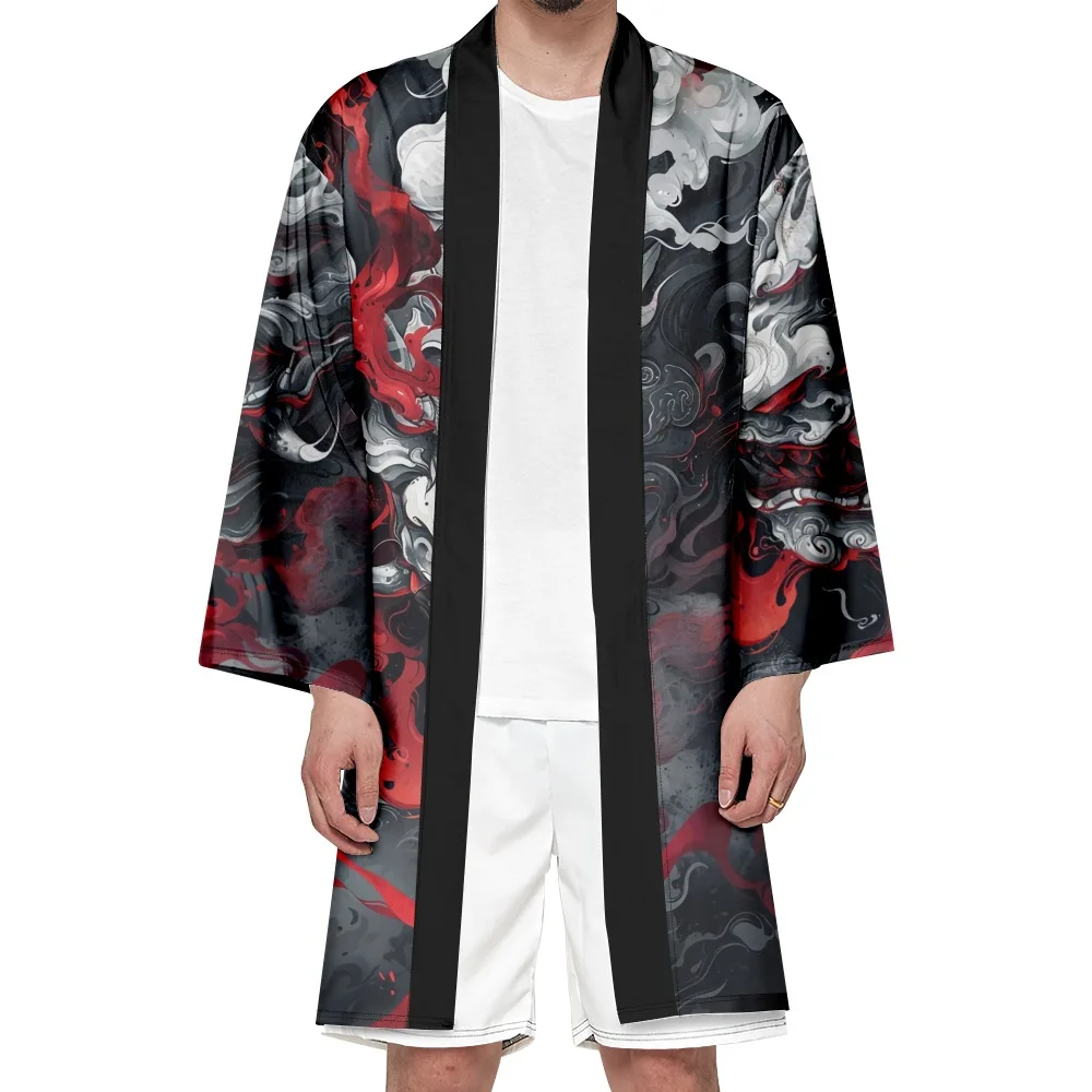 Japanese Streetwear Demon Print Fashion Long Cardigan Men Women Beach Kimono Summer Black Haori Yukata Harajuku Tops