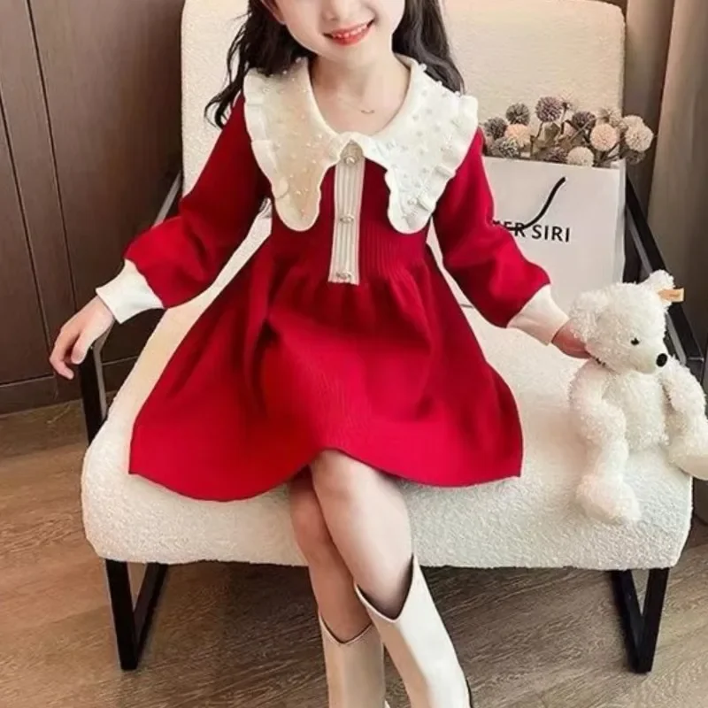 

Girls' Autumn Winter New Fashion Round Neck Pullover Long Sleeve Knitted Dress Versatile Kids Children's Clothing Girls Dresses