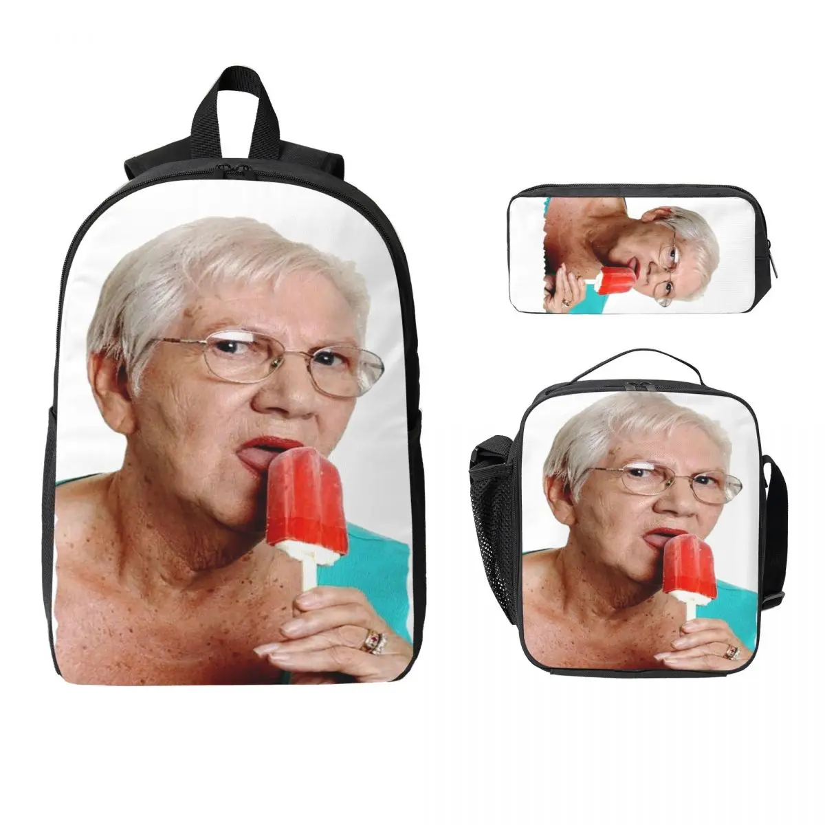 

Grandma Granny Ice Cream Backpack Student Boy Girl BookBag School Bag Computer Shoulder Bags 3ps Insulated Lunch Bag Pencil Case