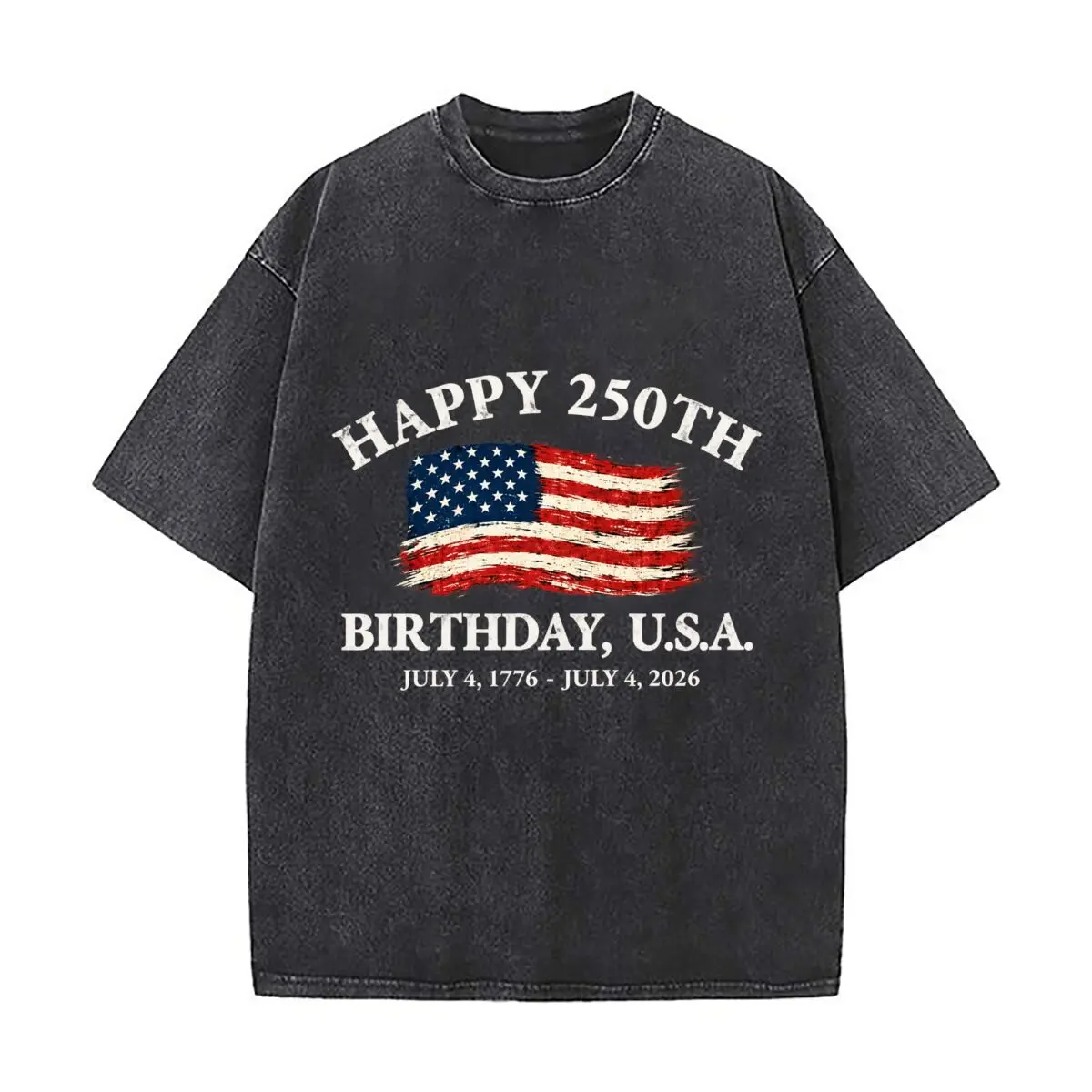 Happy 250th Birthday USA American Flag July 4 1776 2026 Washed Vintage Short Sleeve Loose Streetwear Tee