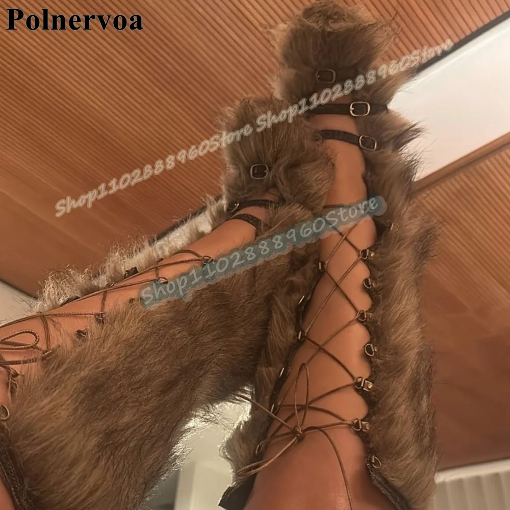 Botas peludas con correa y hebilla hasta la rodilla Para Mujer, Zapatos de tacón alto con punta redonda atada cruzada, Zapatos de fiesta a la moda Para Mujer
