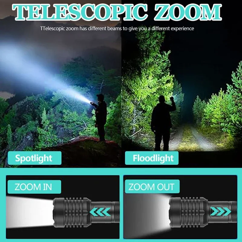 Super Bright P50 LED Flashlight 5 Modes USB Rechargeable Flashlights Aluminum Alloy Telescopic Zoom Torch Emergency Light