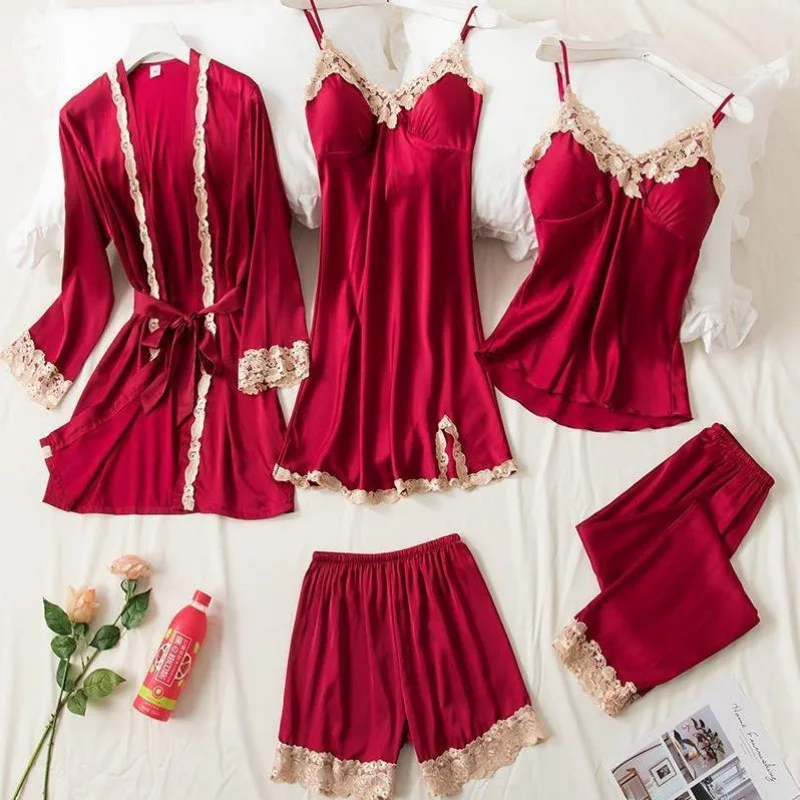 Bride Wedding 5PCS Pajamas Robe Set Sexy Burgundy Lace Trim Nightgown Sleepwear Loose Casual Satin Pyjama Pour Femme Lounge Wear