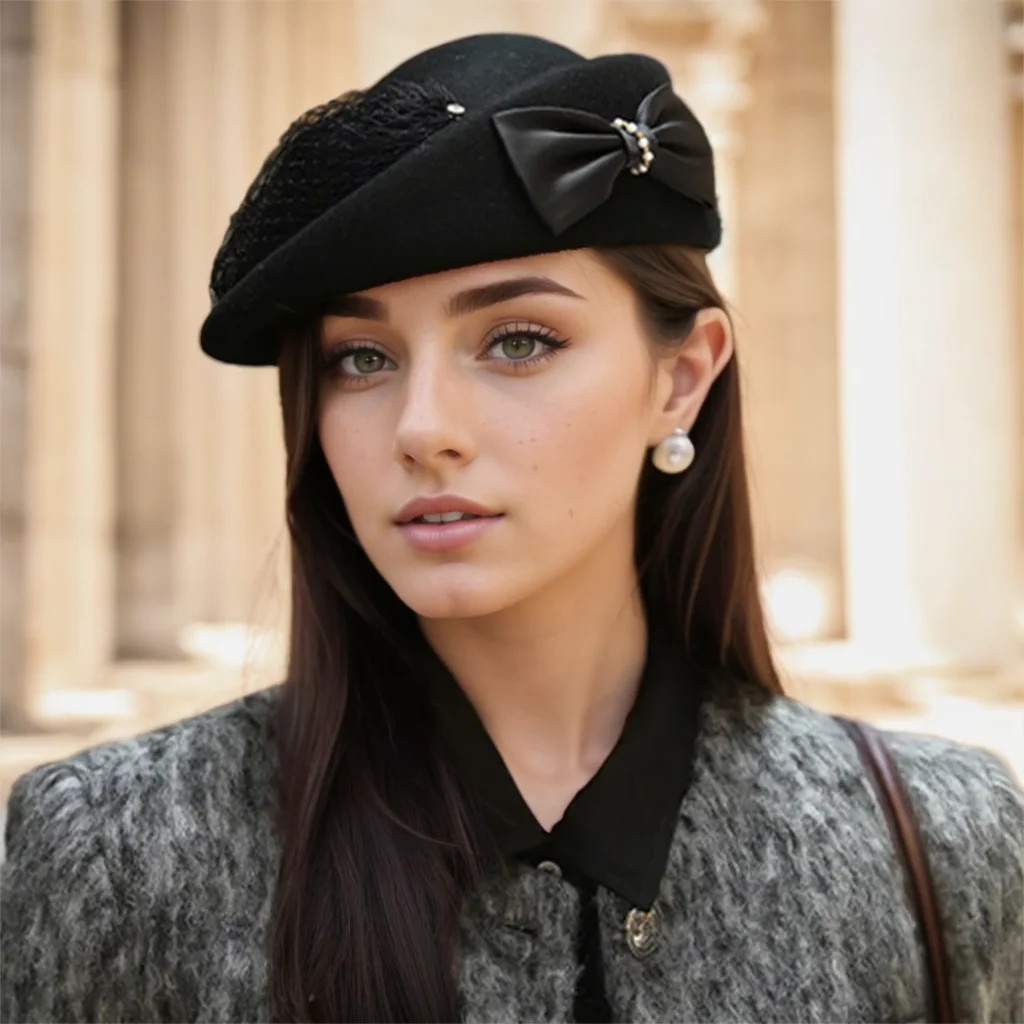 2026 Models Bow Beret Wool Fashion Hat Women's Autumn and Winter Felt Hat Party Gathering Mesh Dinner Hat