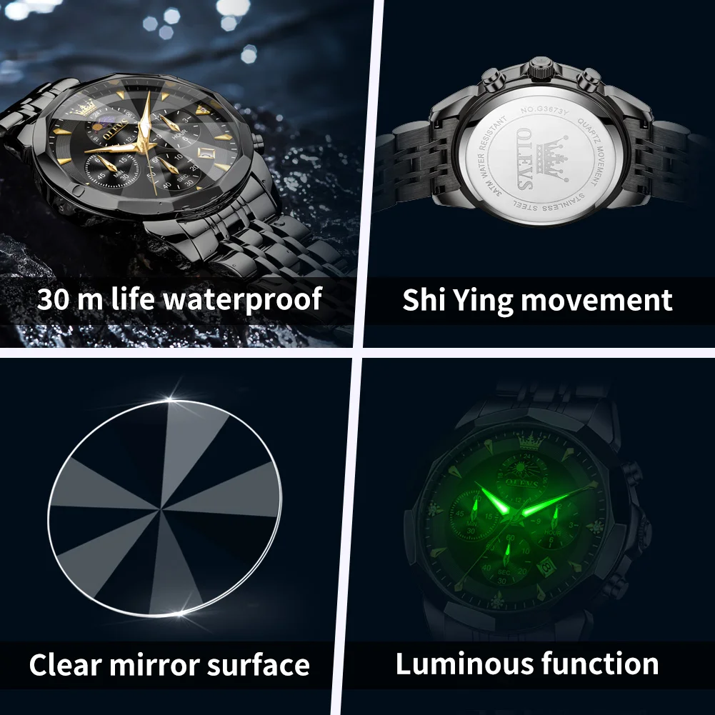 OLEVS 3673 Mens Watch Business Brand Quartz Watches Multifunctional Chronograph Waterproof Moon Phase Watch Mens Gifts Original