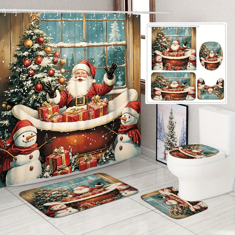 Festive Christmas Shower Curtain Set with Santa, Snowmen, And Gifts - Polyester, Waterproof, And Machine Washable - Includes 12