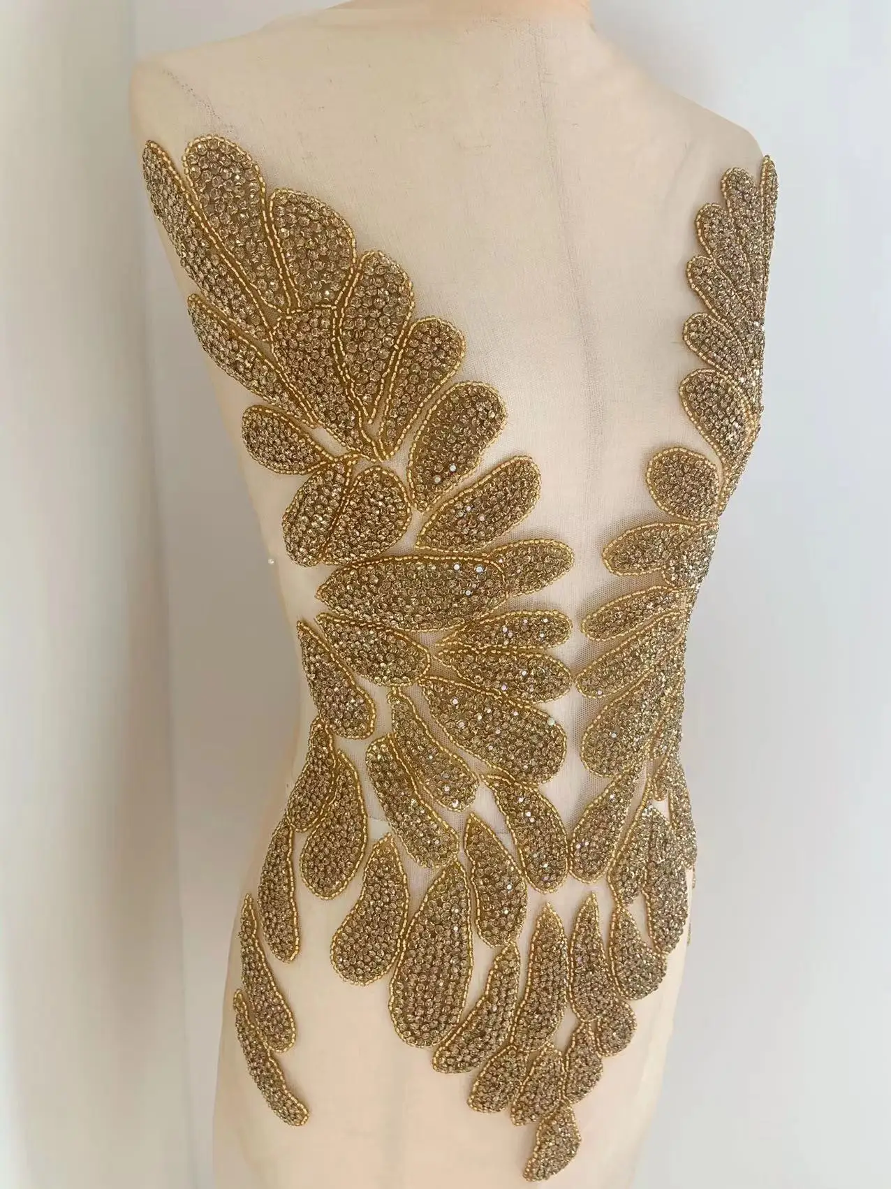 Luxurious Big Gold Leaves Rhinestone Applique Large Crystal Beaded Patch for Elegant Couture,Red Dance Clothing,Wedding Dress