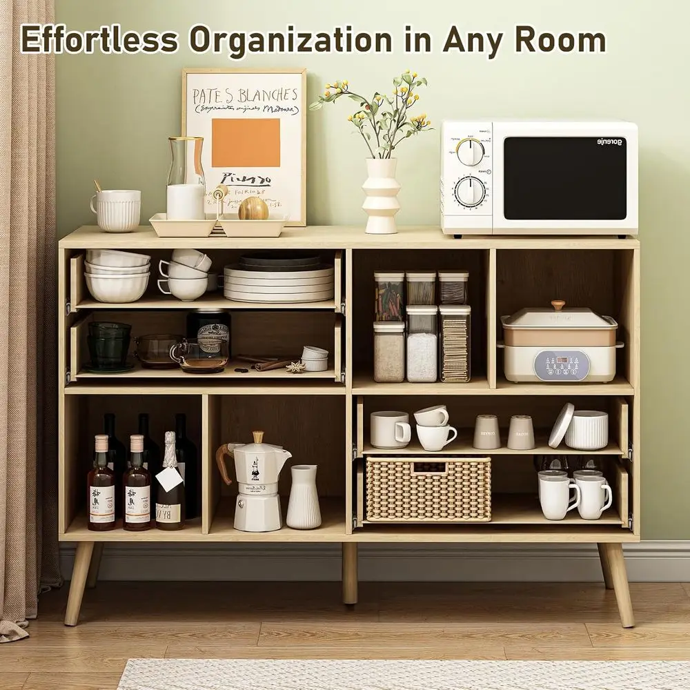 بوفيه حديث من خشب البلوط 47 من منتصف القرن مع 4 أدراج وأبواب، وخزانة تخزين لمساحات المعيشة