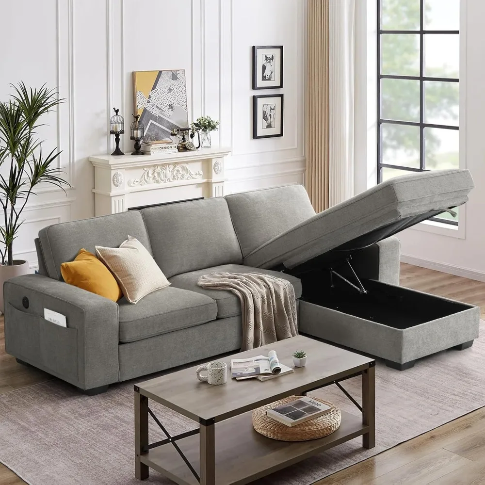 أرائك مقطعية على شكل حرف L من الشنيل لغرفة المعيشة، أريكة وحدات مريحة قابلة للتحويل مع كرسي تخزين للمساحات الصغيرة، منتصف السن