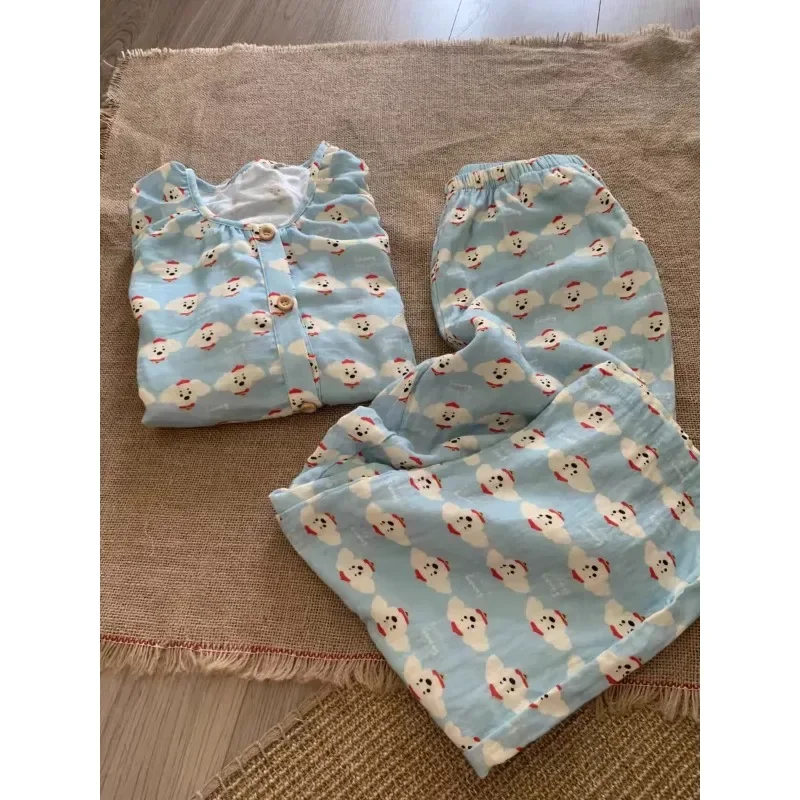 Pijama de manga comprida com estampa de cachorrinho fofo primavera e outono calças cardigã soltas femininas para uso doméstico conjunto plus size pode ser usado ou...