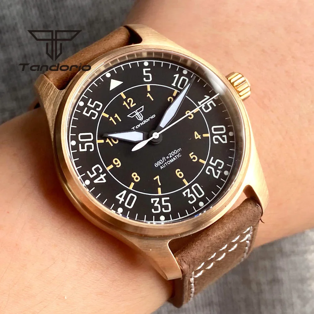 Tandorio CUSN8 Bronze/Stainless Steel 200m Pilot PT5000 NH35A Automatic Dive Men Watch Sapphire Glass Black Dial Leather Strap
