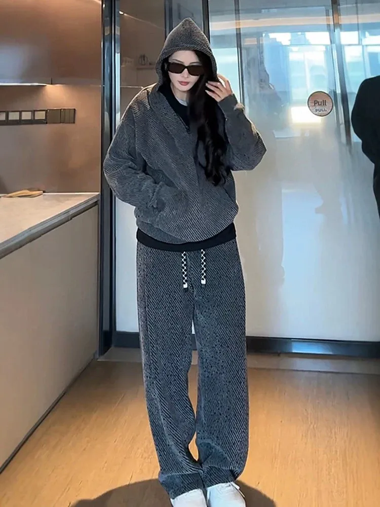 

Men's Winter Fce Lined Silver Tead Casual Set Hoodie Sweatpants Two Piece Suit Polyester Cotton Long Sve Long Pants