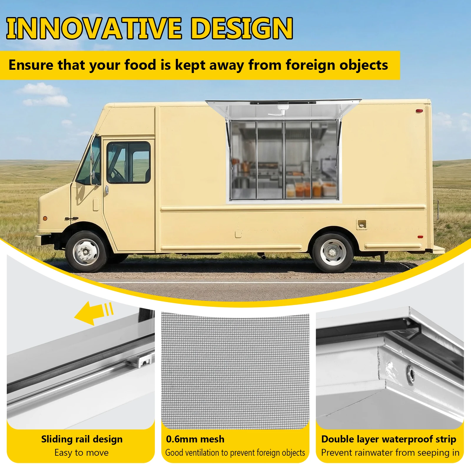 

Food Trailer Window 36x36/48x36/53x33inch with 4 Sliding Door Awning Door Drag Hook (Glass Not Included)