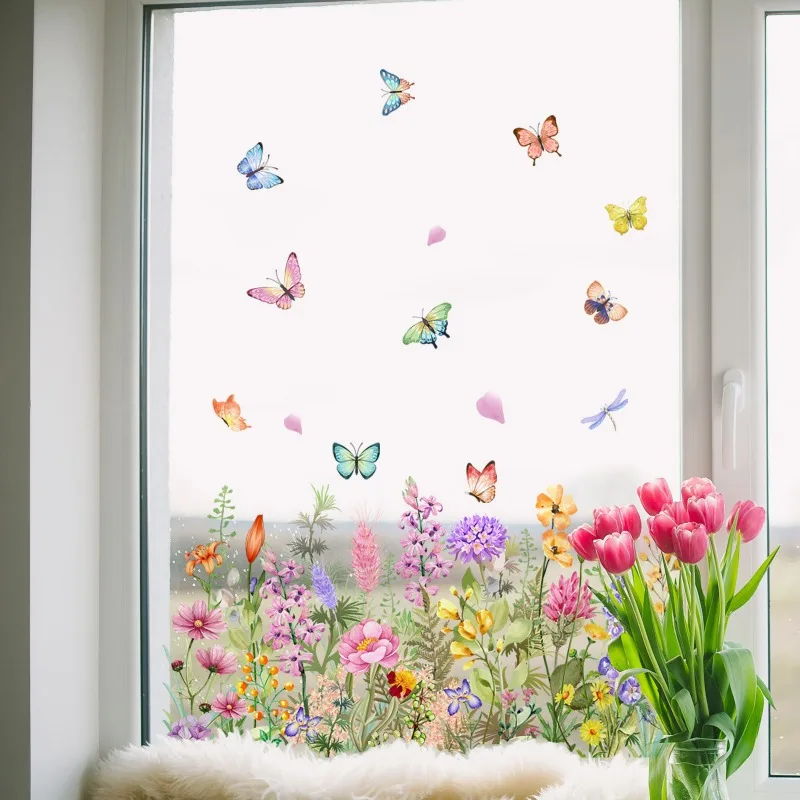 Spring Window Stickers Flower Butterfly Static Glass Stickers Decorative Painted Flower Decal Kids Room Sun Catcher Wallpaper view 2