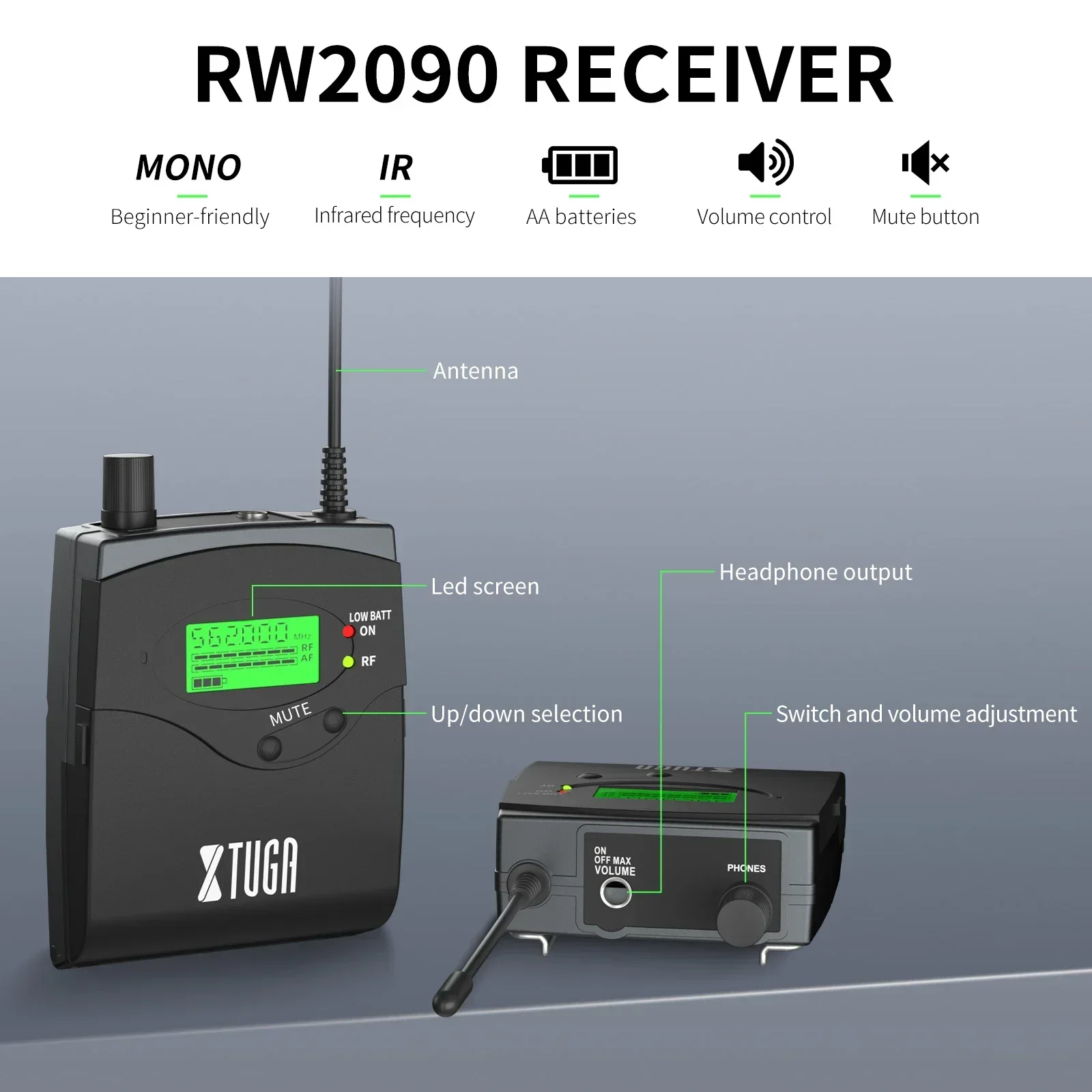XTUGA RW2090 New UHF Metal In Ear Monitoring System Stage Monitoring System Wireless Dual Channel for Professional Performances