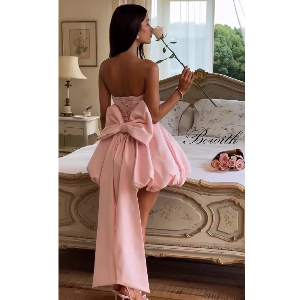 

Bowith Lace-UP Bow Mini Prom Gown Pink Short Evening Dresses Customized A-line Mini Party Dresses Simple vestidos de fiesta