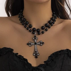 Salircon Gothic Inlaid Rhinestone Big Cross Pendant Necklace for Women Aesthetic Design Imitation Pearl Beaded Choker Jewelry