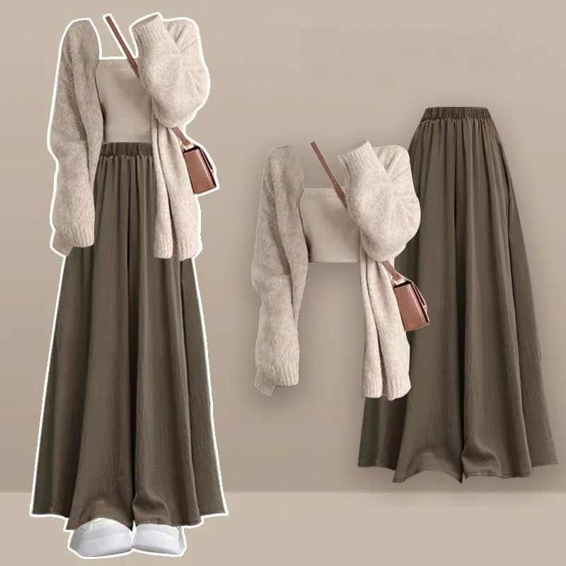 Autumn and Winter Set for Women 2024 New Gentle and Lazy Style Sweater Jacket with Camisole Inside and Casual Pants Skirt Three