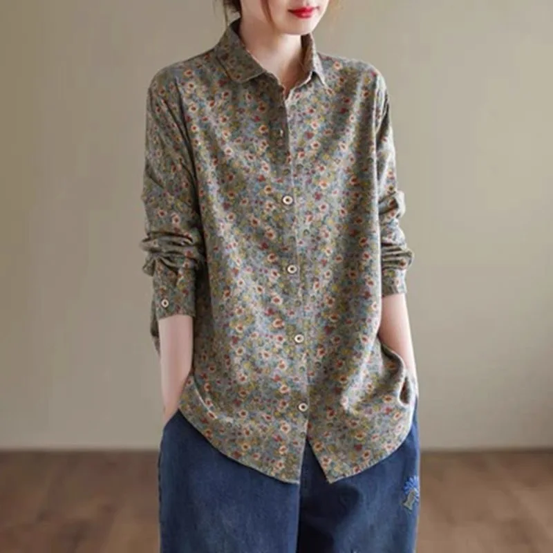 

Spring 2025 Large Size Floral Long Sleeve Cotton Linen Women's Shirt Sweet Style Loose Fit Collar Thin Fabric Deformable