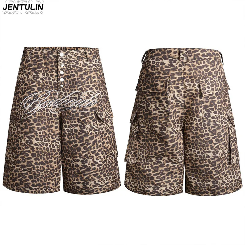 Summer Heavyweight Twill Yarn Card Leopard Print Pants With Print Multiple Pockets Vertical Buckle Loose Workwear Wide Leg Pants