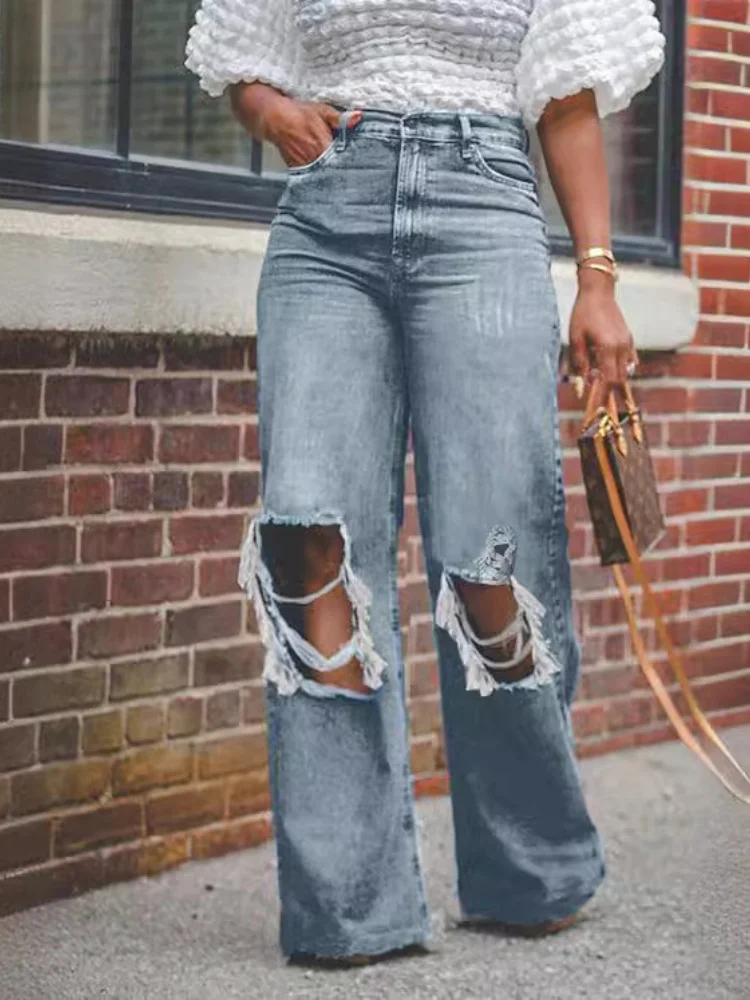 

Sister Star Women Jeans Fashion Versatile Old Holes Wide Leg Washed High Waist Loose Temperament Commuting Casual Vacation Jeans