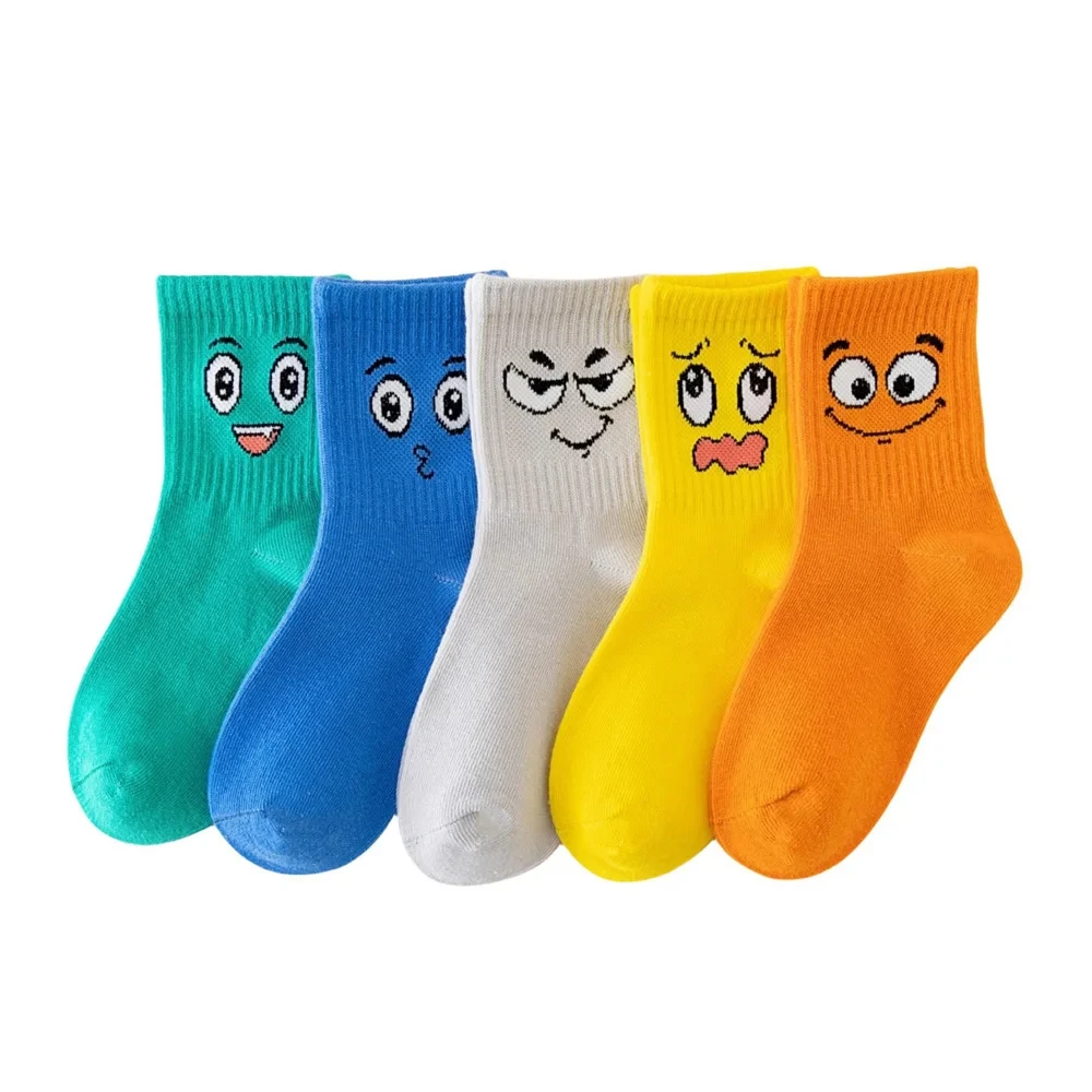 5 Pairs/lot Kids Tube Socks Emoticons Funny Face Pattern Soft Breathable Cotton Boys Girls Outdoor Sports Socks