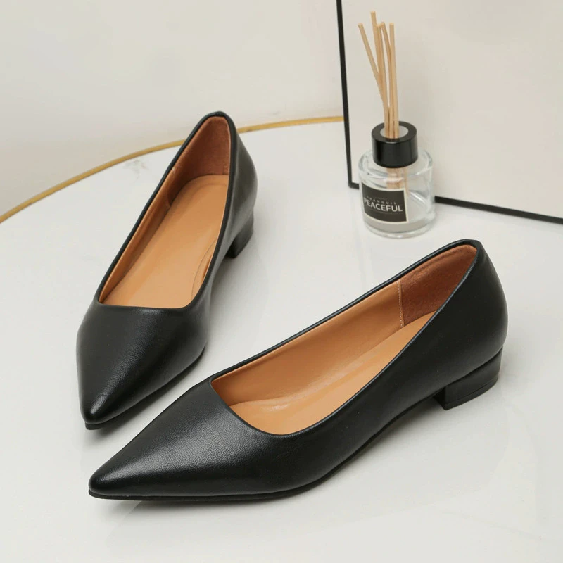 New Pointed Toe Shallow Mouth Square Heel Small Leather Shoes Women's Elegant Fashion High Heels Dress Shoes Zapatos Mujer