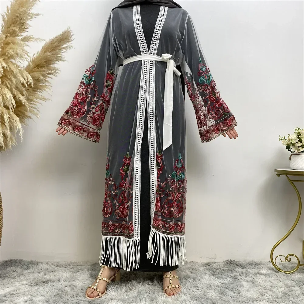 Muslim Abayas for Women Fashion ChiffonCardigan Dress Muslim Moroccan Dress Women Tassel Robe Cardigan Embroidered Gauze Abayas