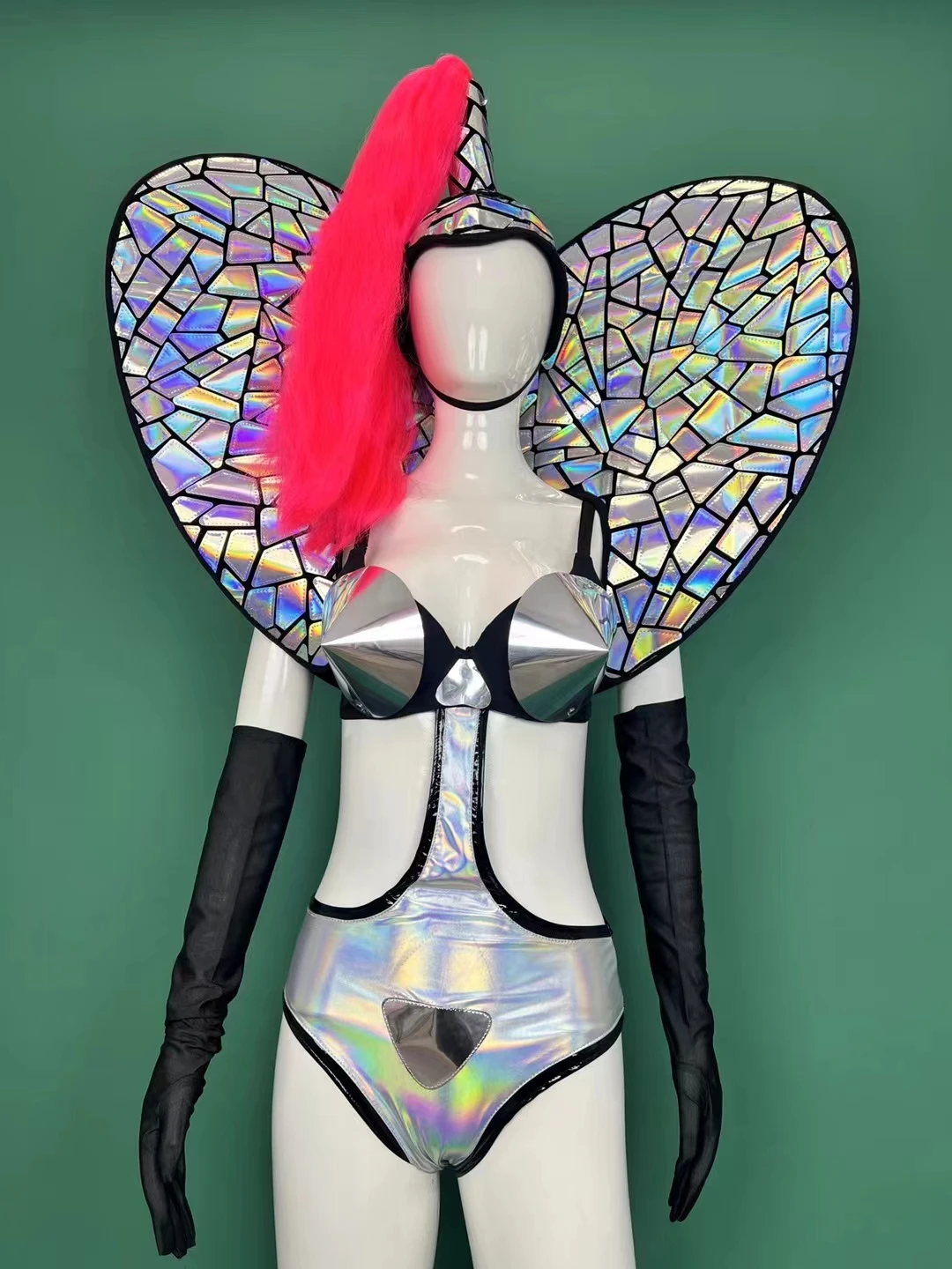 Strój do baru, klubu nocnego, dla kobiet, zespołu gogo, kostium, srebrny laserowy kombinezon z efektem lustra, nakrycie głowy z oświetleniem, strój rave dla piosenkarki, tancerki, na scenę