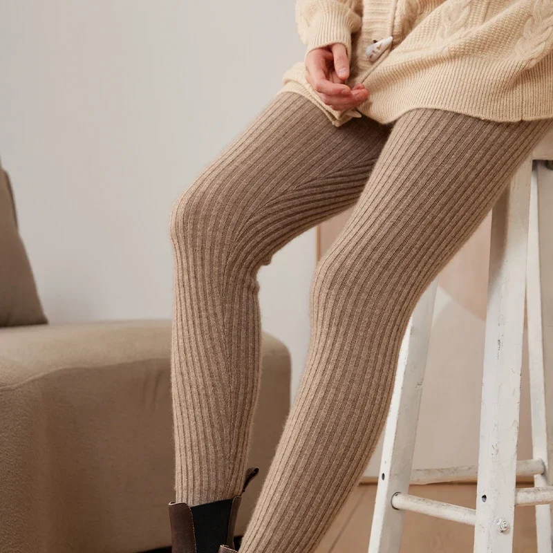 Hot Sales Women Pants Autumn Winter 100% Cashmere Leggings Long Elastic Ladies Knit Pants Woman High Waisted Trousers High-end