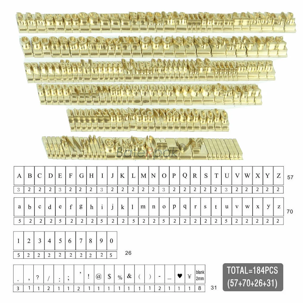 

BateRpak Italic Leathercraft Embossing T type Stamping Brass Letters,184pcs/set Number/Alphabet,based on "A" height 6mm