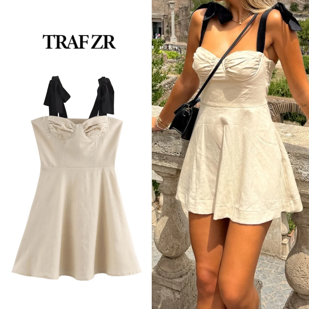 TRAF ZR Elegant Chic Women Pleated Mini Dresses Contrast Wide Tied Straps Short Dress Vacation Women Outfits Y2k Beach Dress