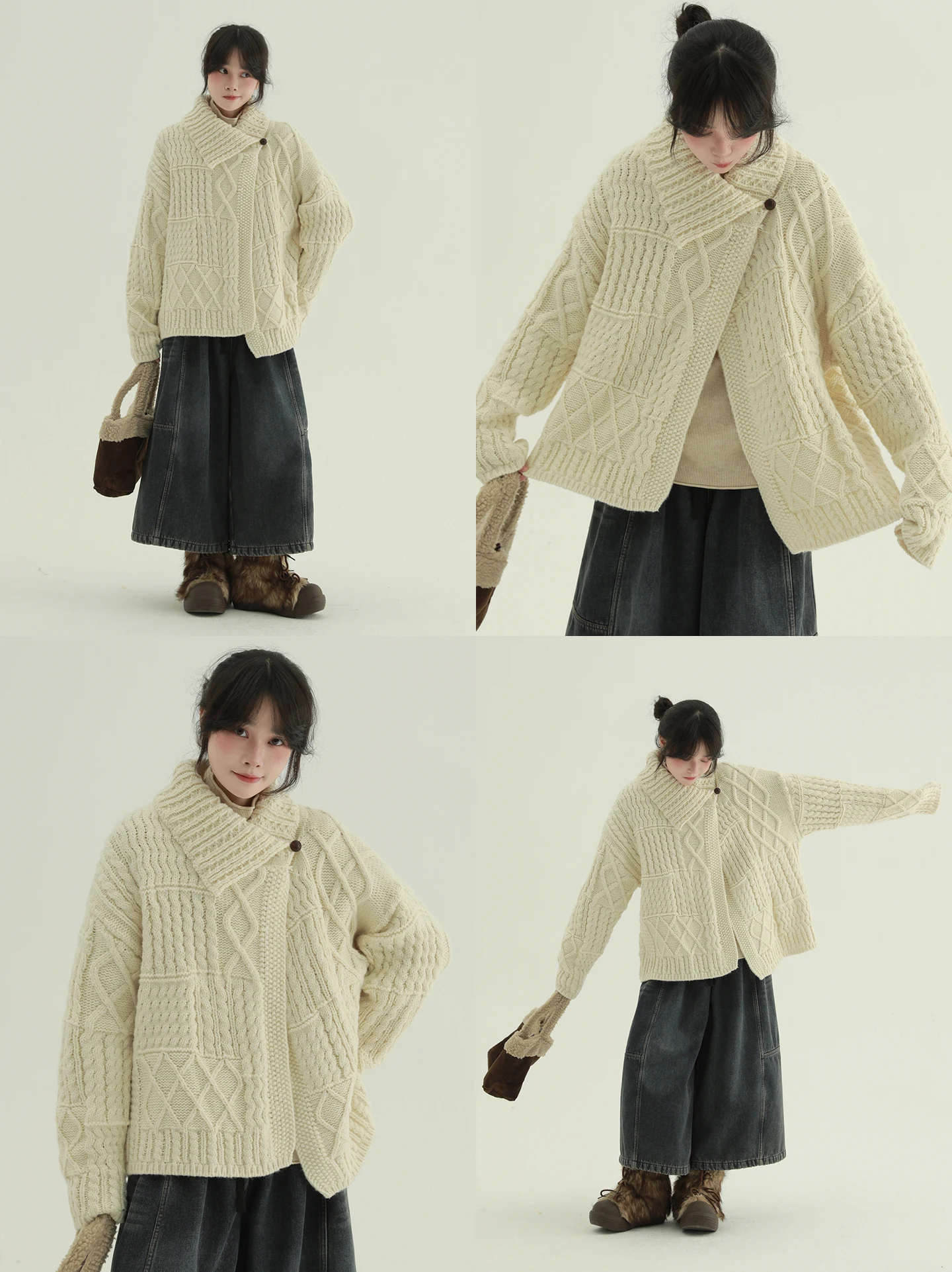 

Rare Vintage Sle Knitted Sweater Soft Cozy Long Sve oulder awl Large Collar Twisted Wool Blend Fem Faion Top