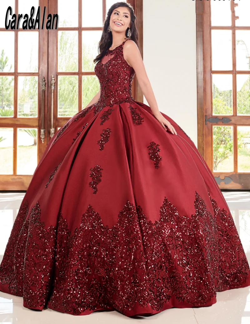 Vestidos vintage de xv años quinceanera vermelho escuro vestidos 2023 sem mangas lantejoulas colher mexicano meninas 15th festa de aniversário vestido